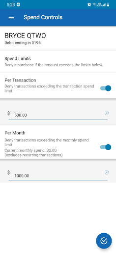 Lake City Bank Card Controls Screen 3
