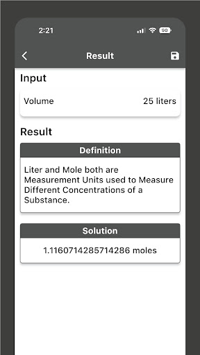 Liters to Moles Calculator Screen 3