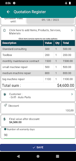 Estimate quotation app Screen 2