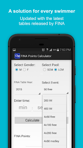 FINA Points Calculator 2022 Screen 3