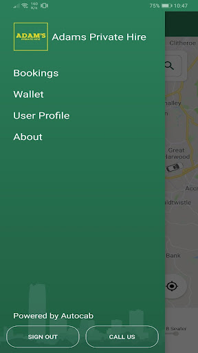 Android application Adams Private Hire screenshort