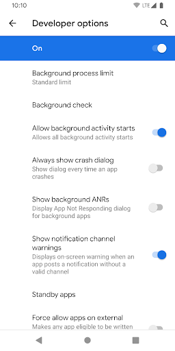 Screenshot of Developer Options Shortcut