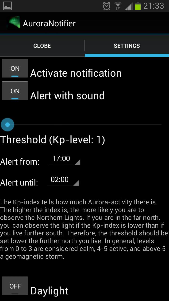 Android application Aurora Notifier screenshort
