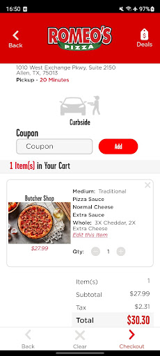 Screenshot of Romeo’s Pizza