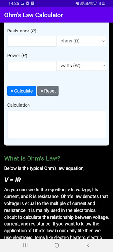 Ohms Law Calculator Screen 2