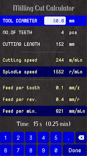 Android application Milling Cut Calculator screenshort