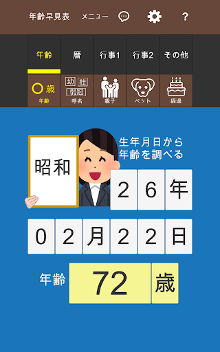 Android application 年齢早見表／犬猫年齢、西暦、入学卒業、結婚、子供、長寿、恵方 screenshort
