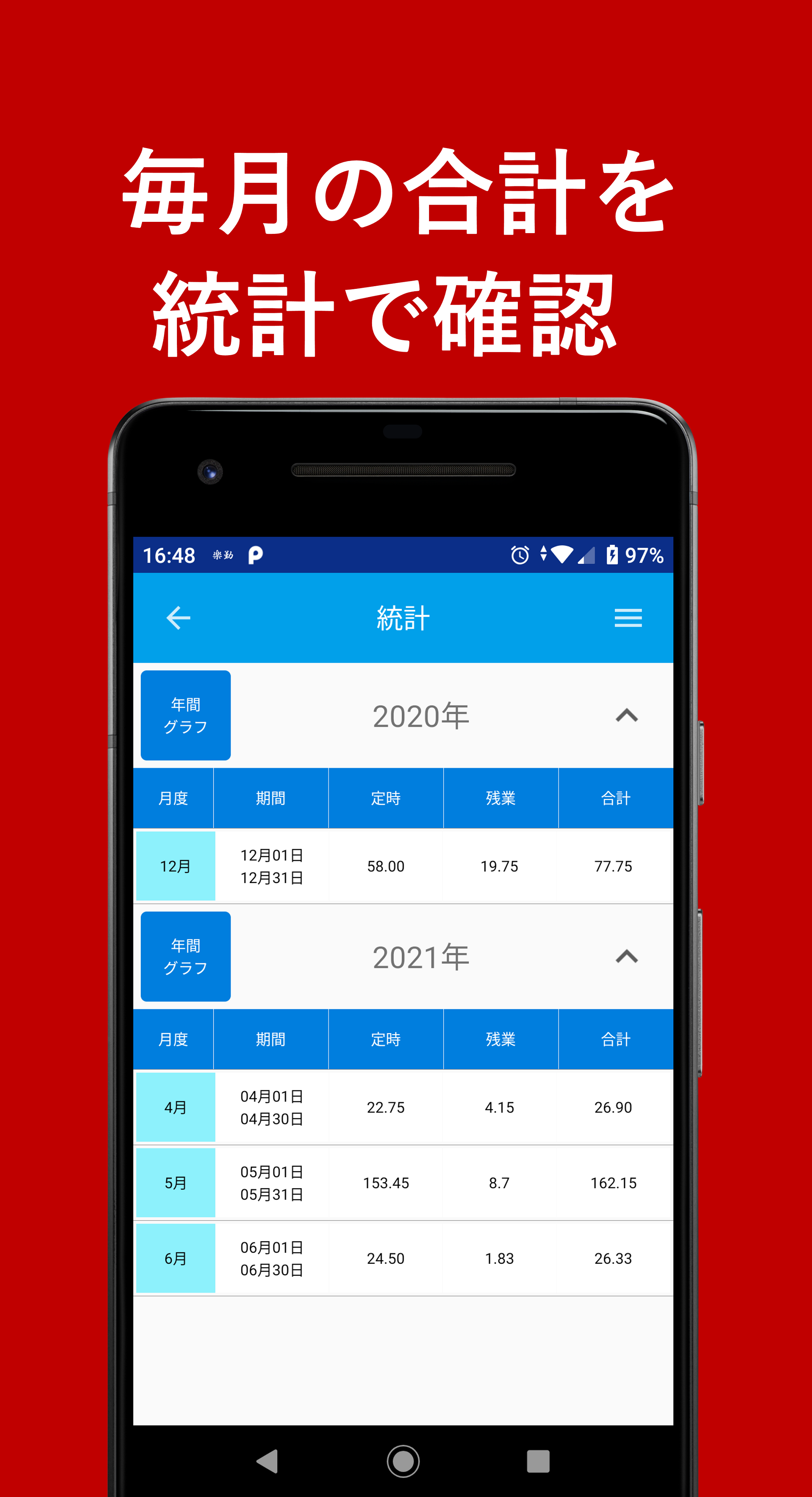 Android application らくらく勤怠 (勤務表, タイムカード) screenshort