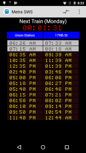 Schedule for Metra - SWS Screen 3