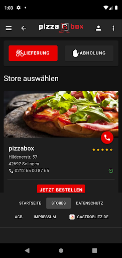 Android application Pizzabox Solingen screenshort