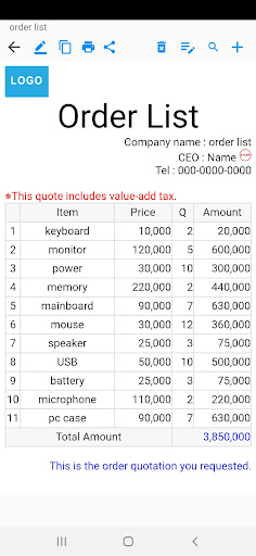 Android application Order List ( Invoice Quote ) screenshort