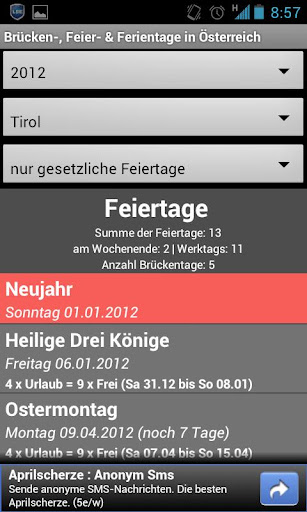 Android application Brücken-& Feiertage Österreich screenshort