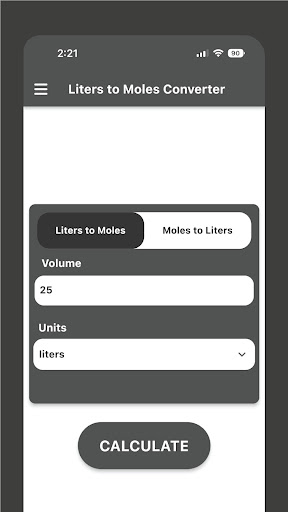 Liters to Moles Calculator Screen 2