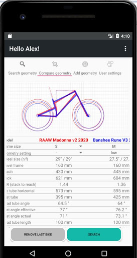 Android application GeoVe - bicycle geometry screenshort