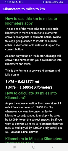 Kilometers to miles to km Screen 3