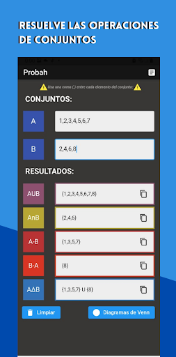 Android application Probah : Teoría de conjuntos screenshort