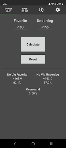 Android application No Vig Moneyline Calculator screenshort