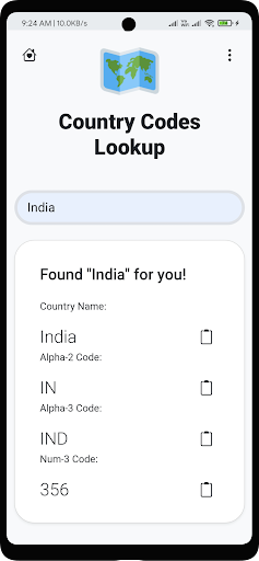 Country Codes Screen 2