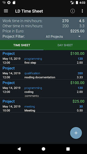 Android application LD Time Sheet for Projects screenshort