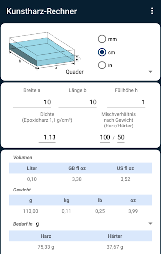 Epoxy Resin Calculator Screen 2