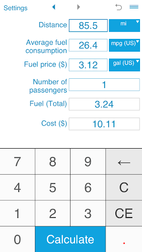 Android application Fuel cost calculator screenshort