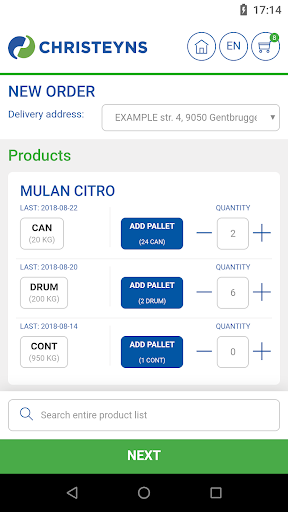 Christeyns Order App Screen 2