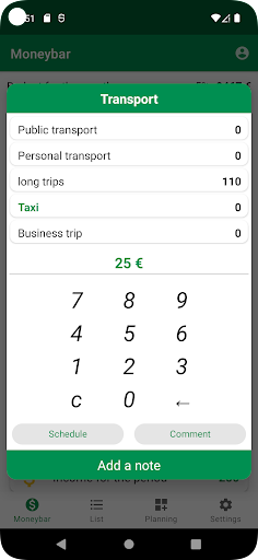 MoneyBar: costs, budget Screen 2