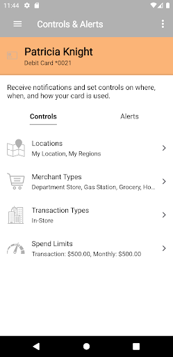 Androscoggin Bank Card Control Screen 2
