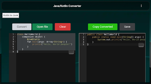 Screenshot of Kotlin/Java Converter