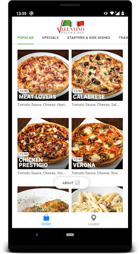 Android application Valentino Pizza Cafe screenshort