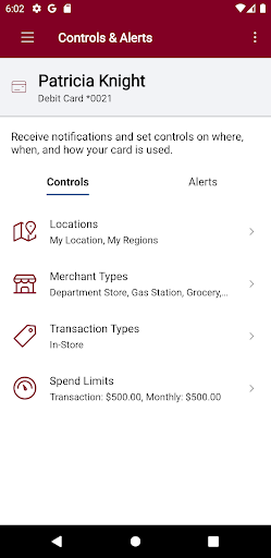 Android application Needham Bank My Cards screenshort