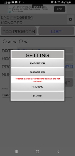 CNC SETUP LIST Screen 3