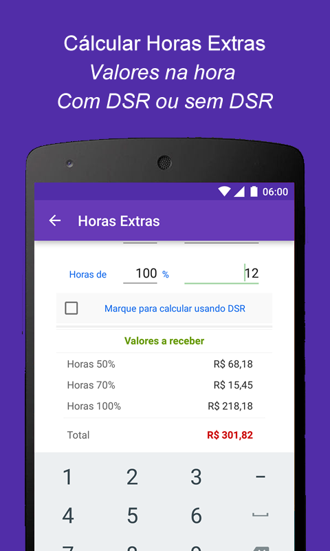 Android application Calcular Horas Extras screenshort