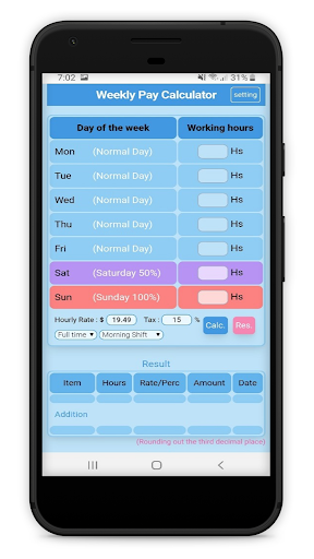 Android application Weekly Pay Calculator screenshort