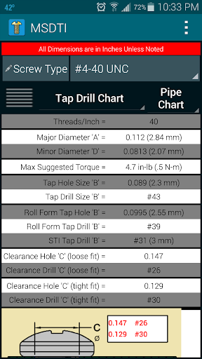 Machine Screws Drill/Tap Info Screen 2