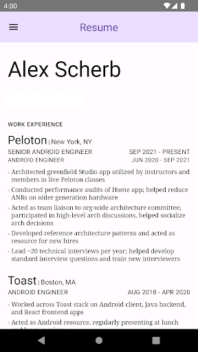 Android application Alex Scherb's Resume screenshort