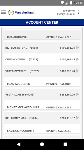 Webster SNB e-Treasury Mobile Screen 2