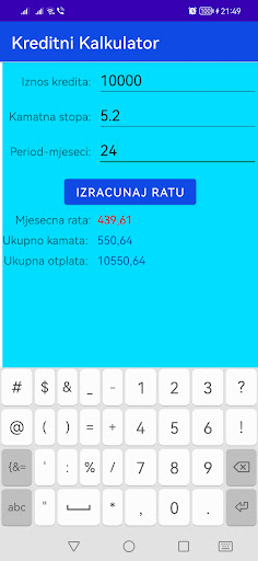 Android application Kreditni kalkulator screenshort