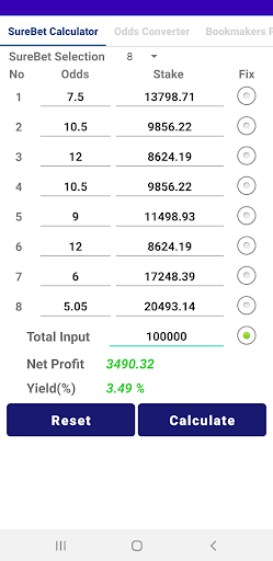 Back Lay & Sure bet Calculator Screen 3