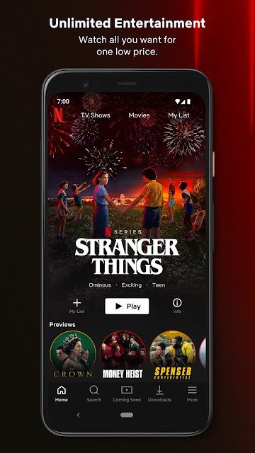 Screenshots of popular shows or movies available on Netflix, such as "Stranger Things"