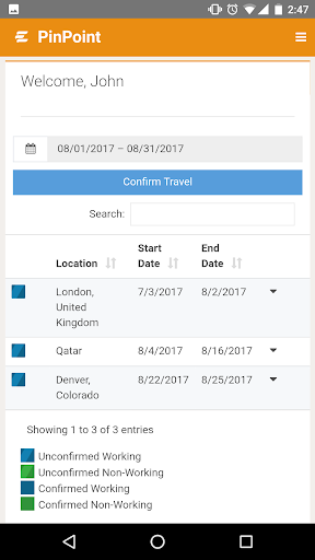 PinPoint Travel Calendar Screen 2