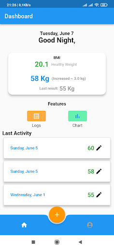 Android application BMI Weight tracker health screenshort