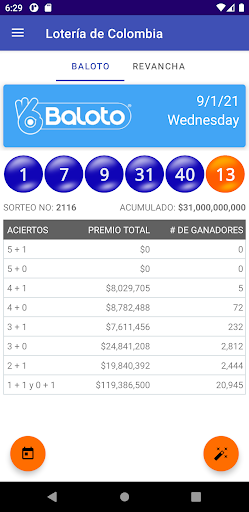 Android application lotería de Colombia Predicción screenshort