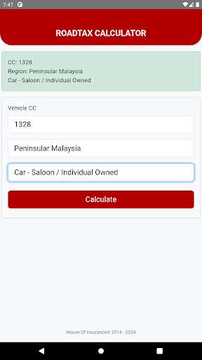 RoadTax Calculator Screen 3