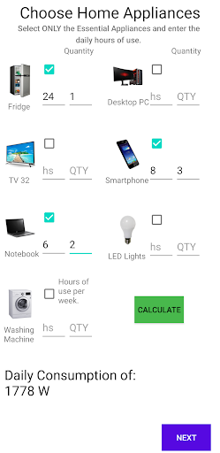 OFF-GRID Solar Calculator Screen 2