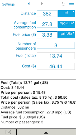 Fuel cost calculator Screen 2