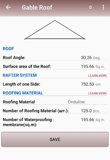 Android application Calculation of roofs screenshort
