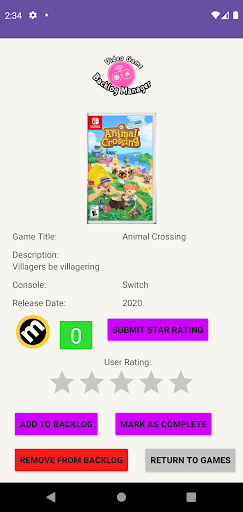 Video Game Backlog Manager Screen 2