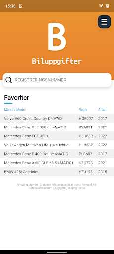 Android application Biluppgifter, Regnr & bilägare screenshort