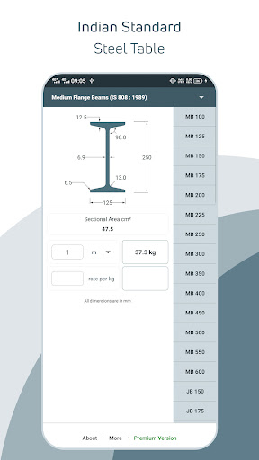 Android application Indian Standard Steel Table screenshort